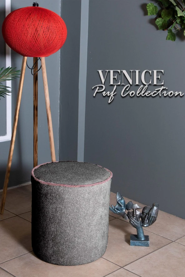 Venıce Antrasit Teddy Puf- Yuvarlak Makyaj Masası Pufu