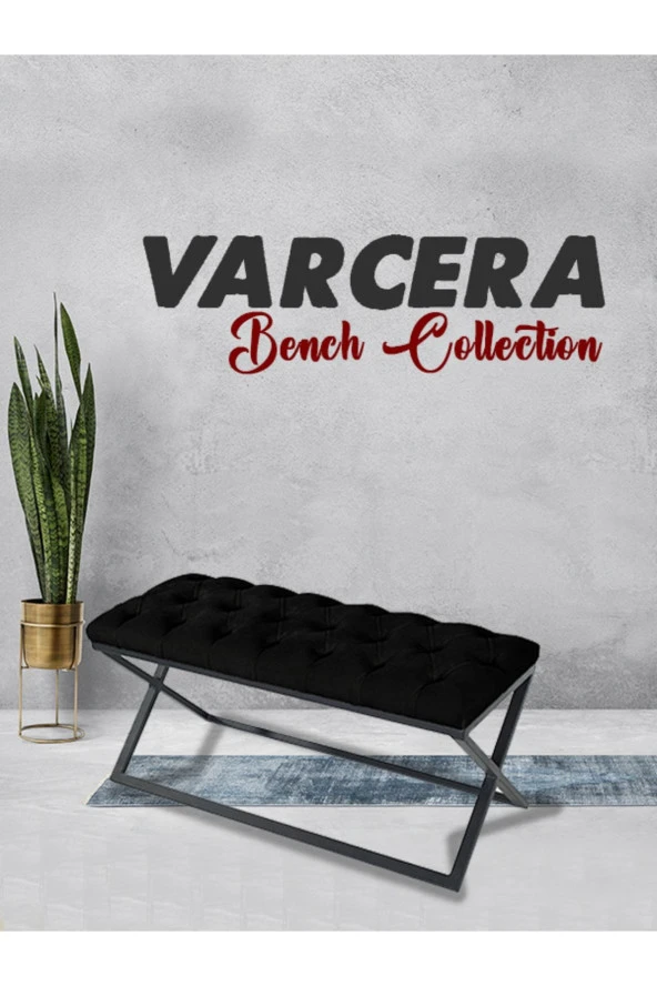 Varcera Siyah Puf - Siyah Çapraz Metal Ayaklı, Kapitoneli Chester Model Bench Puf