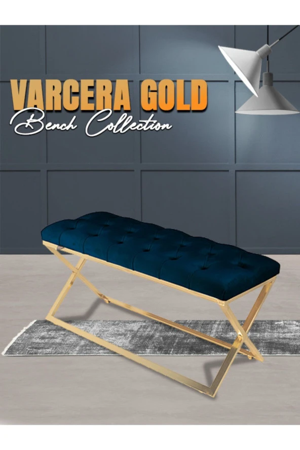 Varcera Gold Puf - Gold Kaplama Çapraz Metal Ayaklı Kapitoneli Model Bench Puf