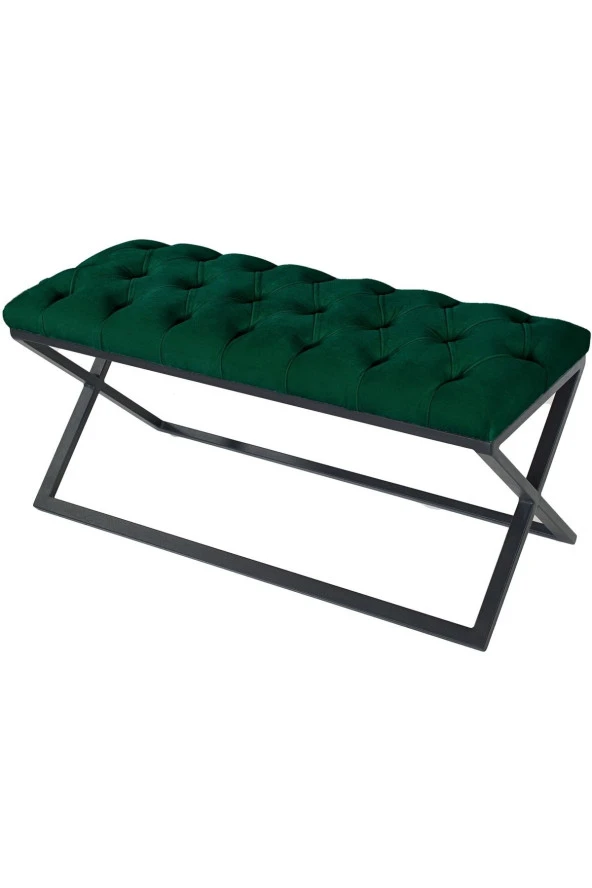 Varcera Yeşil Puf - Siyah Çapraz Metal Ayaklı, Kapitoneli Chester Model Bench Puf