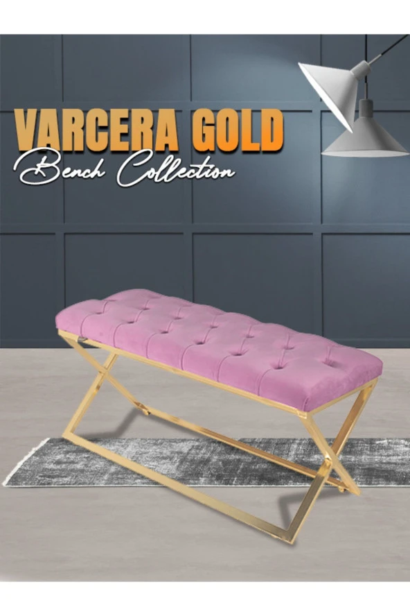 Varcera Gold Puf - Gold Kaplama Çapraz Metal Ayaklı Kapitoneli Model Bench Puf