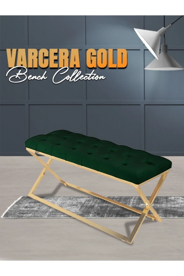 Varcera Gold Puf - Gold Kaplama Çapraz Metal Ayaklı Kapitoneli Model Bench Puf