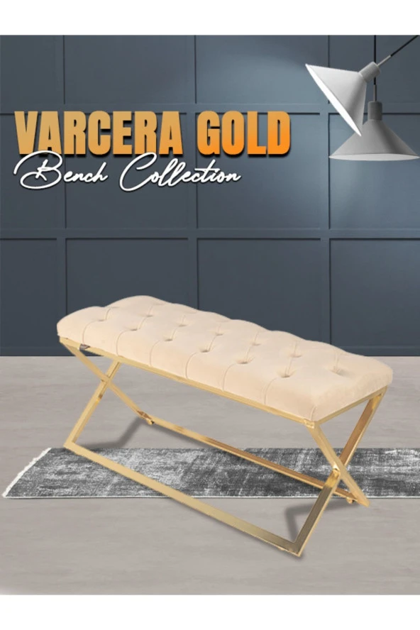 Varcera Gold Puf - Gold Kaplama Çapraz Metal Ayaklı Kapitoneli Model Bench Puf