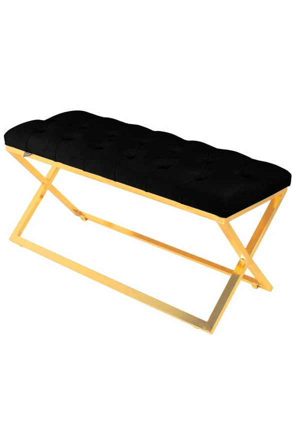 Varcera Gold Puf - Gold Kaplama Çapraz Metal Ayaklı Kapitoneli Model Bench Puf