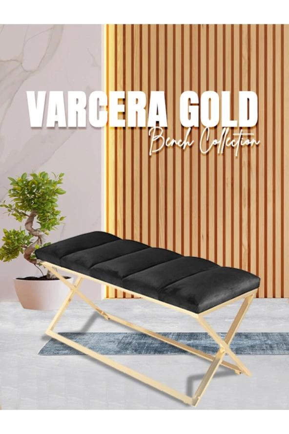 Varcera Gold Puf - Gold Kaplama Çapraz Metal Ayaklı Dilimli Model Bench Puf