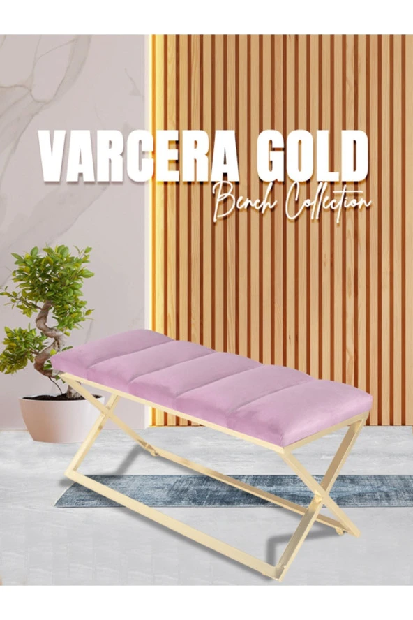Varcera Gold Puf - Gold Kaplama Çapraz Metal Ayaklı Dilimli Model Bench Puf