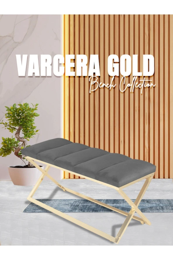 Varcera Gold Puf - Gold Kaplama Çapraz Metal Ayaklı Dilimli Model Bench Puf