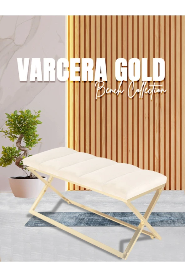 Varcera Gold Puf - Gold Kaplama Çapraz Metal Ayaklı Dilimli Model Bench Puf