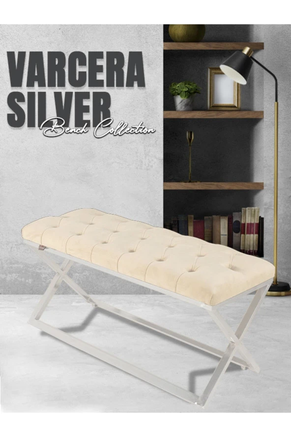 Varcera Silver Puf - Gümüş Kaplama Çapraz Metal Ayaklı Kapitoneli Model Bench Puf