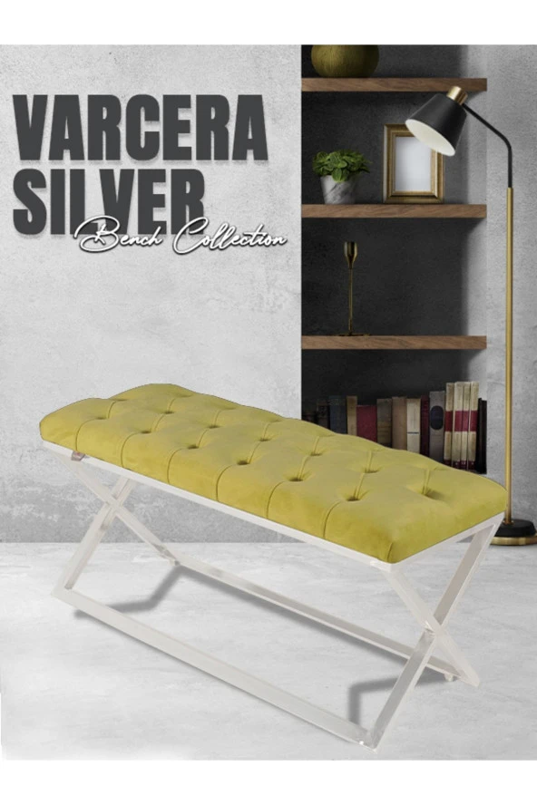 Varcera Silver Puf - Gümüş Kaplama Çapraz Metal Ayaklı Kapitoneli Model Bench Puf