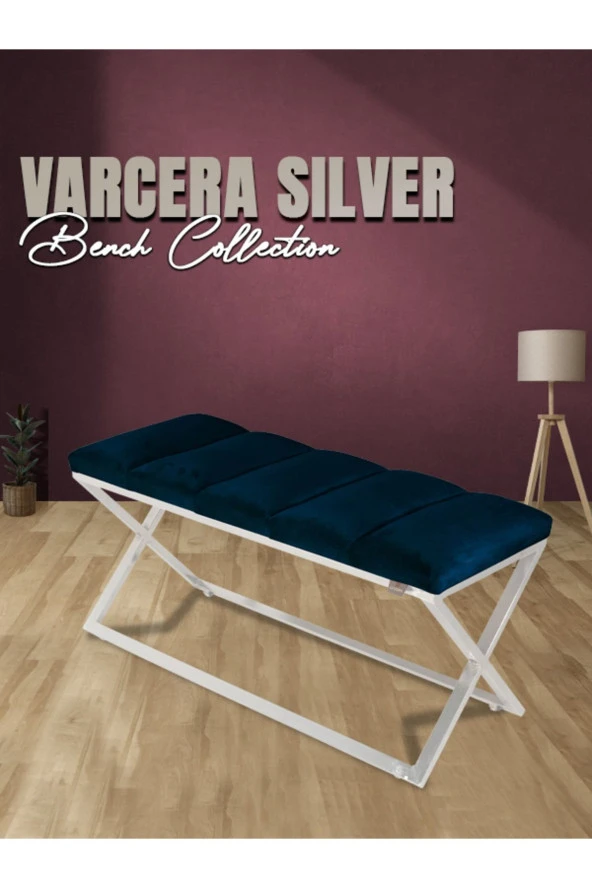 Varcera Silver Puf - Gümüş Kaplama Çapraz Metal Ayaklı Dilimli Model Bench Puf