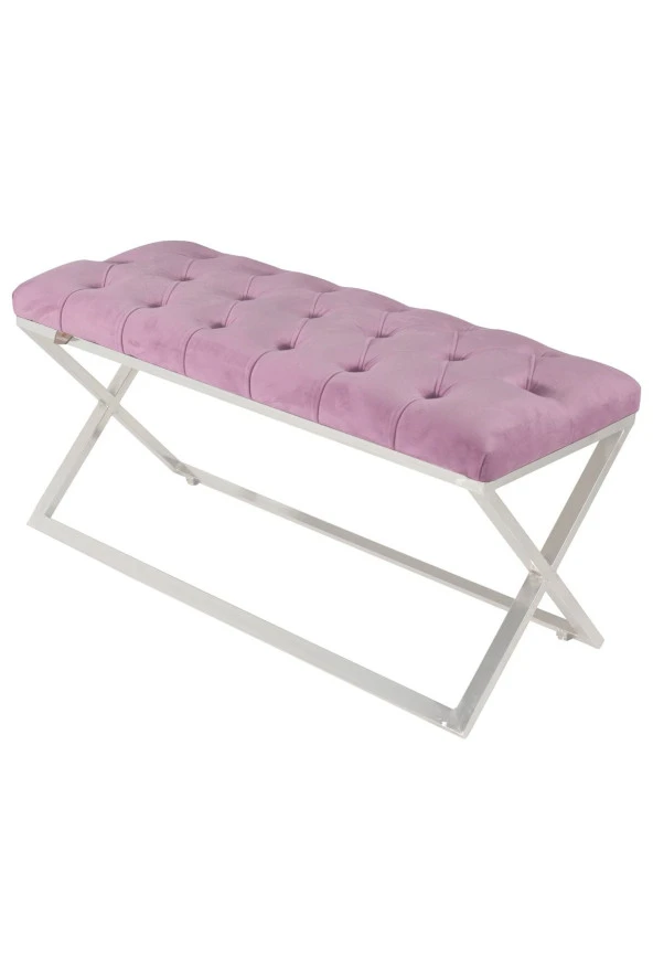Varcera Silver Puf - Gümüş Kaplama Çapraz Metal Ayaklı Kapitoneli Model Bench Puf