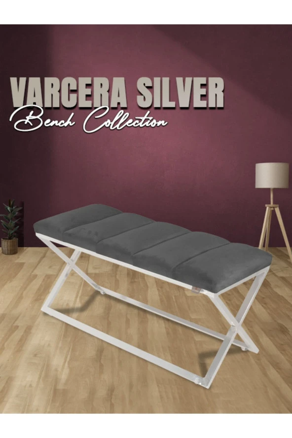 Varcera Silver Puf - Gümüş Kaplama Çapraz Metal Ayaklı Dilimli Model Bench Puf