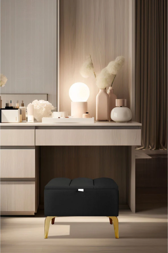 Vetra Mini Royal Siyah Kumaş Sandıklı Puf- Gold Ayak Dekoratif Bench Puf