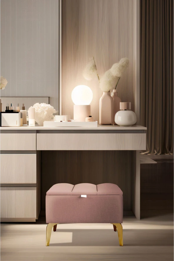 Vetra Mini Royal Pudra Kumaş Sandıklı Puf- Gold Ayak Dekoratif Bench Puf