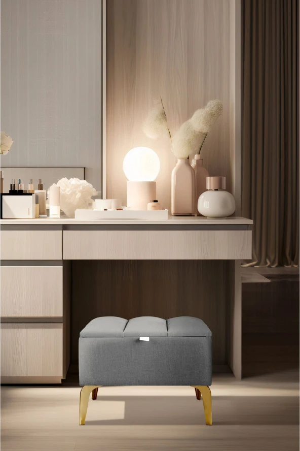 Vetra Mini Royal Gri Kumaş Sandıklı Puf- Gold Ayak Dekoratif Bench Puf