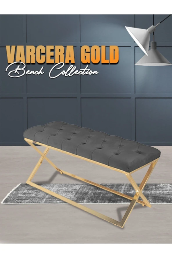 Varcera Gold Puf - Gold Kaplama Çapraz Metal Ayaklı Kapitoneli Model Bench Puf
