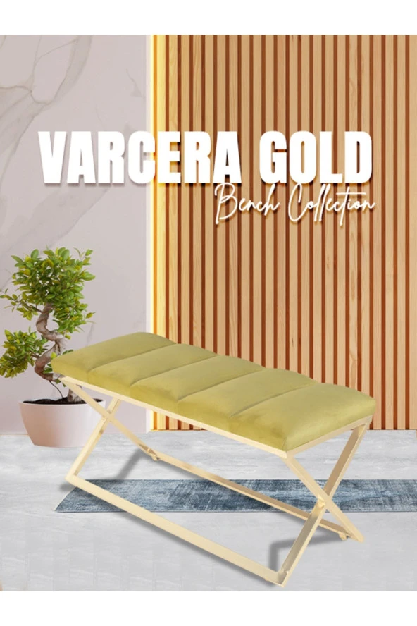Varcera Gold Puf - Gold Kaplama Çapraz Metal Ayaklı Dilimli Model Bench Puf