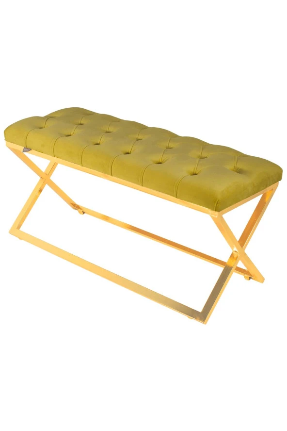 Varcera Gold Puf - Gold Kaplama Çapraz Metal Ayaklı Kapitoneli Model Bench Puf