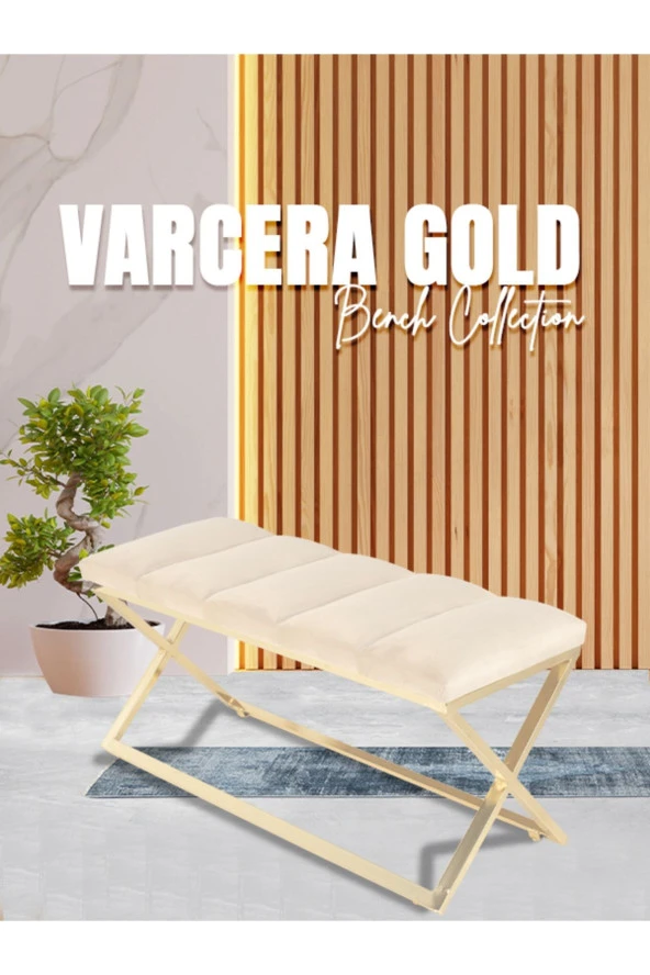 Varcera Gold Puf - Gold Kaplama Çapraz Metal Ayaklı Dilimli Model Bench Puf