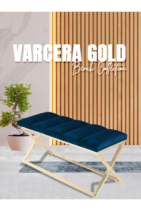 Varcera Gold Puf - Gold Kaplama Çapraz Metal Ayaklı Dilimli Model Bench Puf