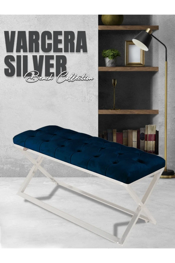 Varcera Silver Puf - Gümüş Kaplama Çapraz Metal Ayaklı Kapitoneli Model Bench Puf