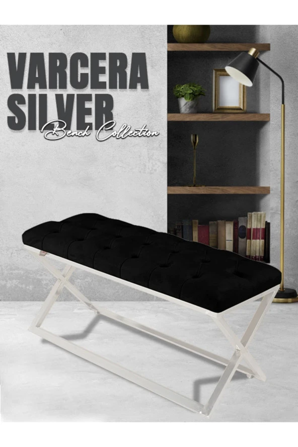 Varcera Silver Puf - Gümüş Kaplama Çapraz Metal Ayaklı Kapitoneli Model Bench Puf