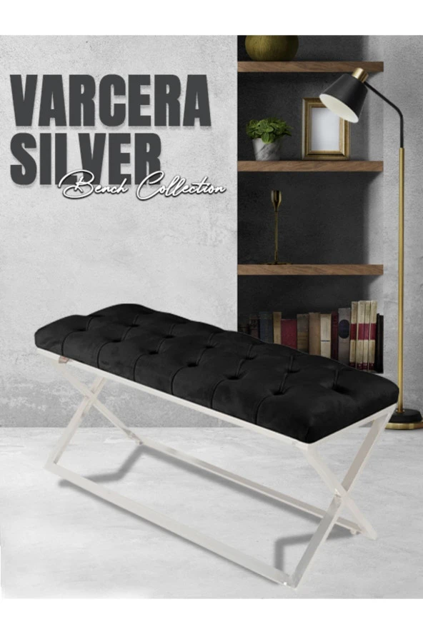 Varcera Silver Puf - Gümüş Kaplama Çapraz Metal Ayaklı Kapitoneli Model Bench Puf