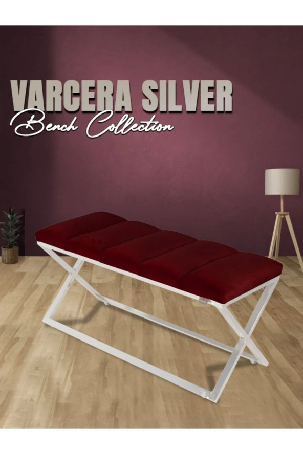 Varcera Silver Puf - Gümüş Kaplama Çapraz Metal Ayaklı Dilimli Model Bench Puf