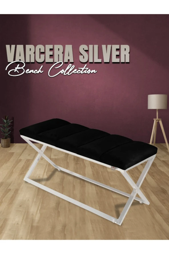 Varcera Silver Puf - Gümüş Kaplama Çapraz Metal Ayaklı Dilimli Model Bench Puf