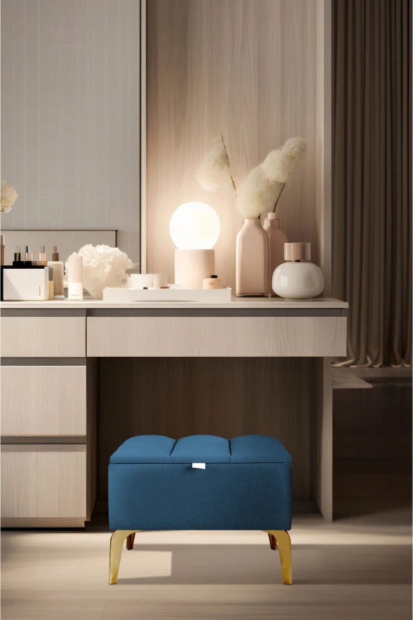 Vetra Mini Royal Mavi Kumaş Sandıklı Puf- Gold Ayak Dekoratif Bench Puf