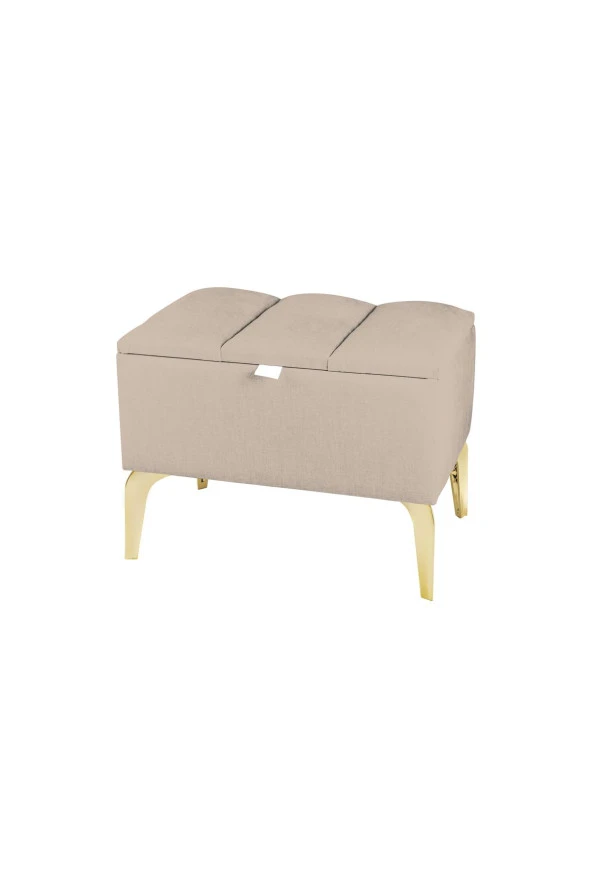 Vetra Mini Royal Bej Kumaş Sandıklı Puf- Gold Ayak Dekoratif Bench Puf