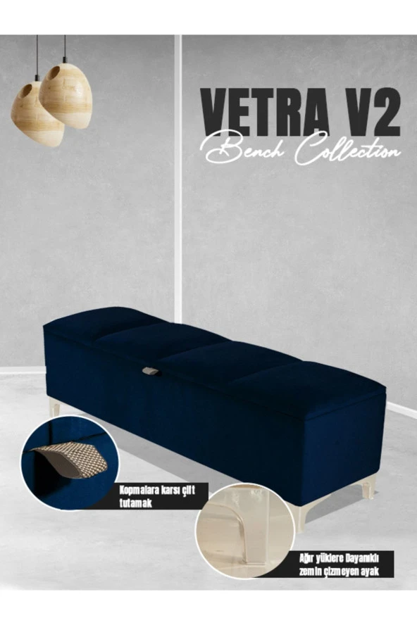 Vetra V2 Sandıklı Puf - Mavi Dilimli Model Sandıklı Bench Puf - Sandıklı Yatak Ucu Bankı