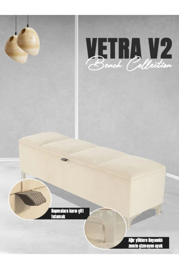 Vetra V2 Sandıklı Puf - Beyaz Dilimli Model Sandıklı Bench Puf - Sandıklı Yatak Ucu Bankı