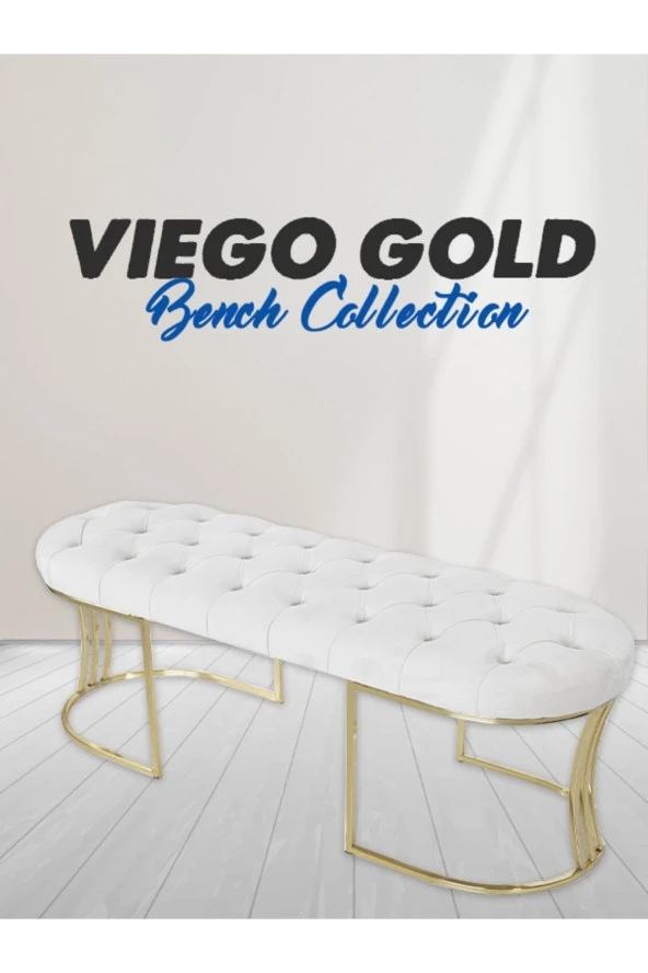 Viego Gold Beyaz Puf - Lüks Metal Gold Ayak, Chester Model Yatak Ucu Bench Puf