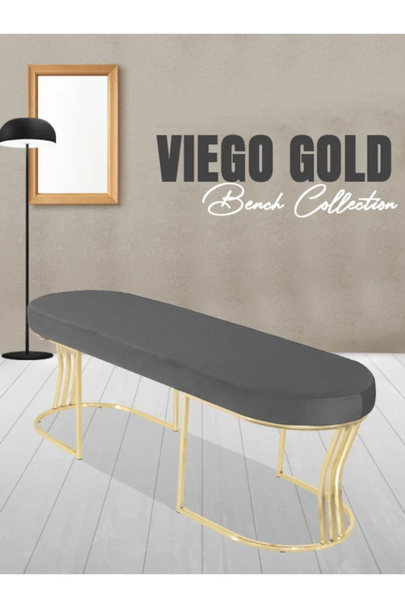 Viego Gold Smooth Puf - Lüks Metal Gold Ayak, Chester Model Yatak Ucu Bench Puf