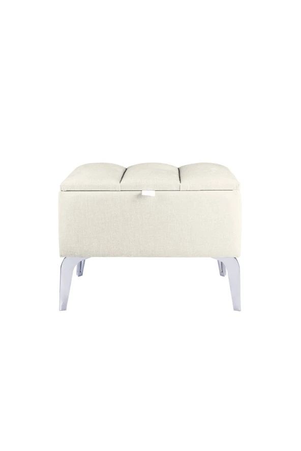 Vetra Mini Royal Beyaz Kumaş Sandıklı Dekoratif Puf&Bench-Dilimli Model-Gümüş Ayak-Modern Puf