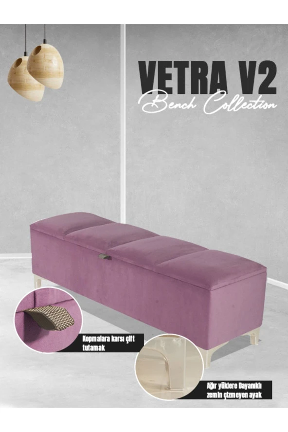 Vetra V2 Sandıklı Puf - Pembe Dilimli Model Sandıklı Bench Puf - Sandıklı Yatak Ucu Bankı