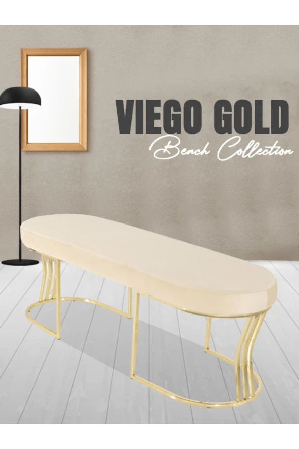 Viego Gold Smooth Puf - Lüks Metal Gold Ayak, Chester Model Yatak Ucu Bench Puf