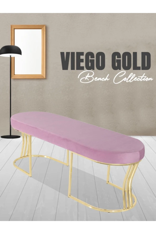 Viego Gold Smooth Puf - Lüks Metal Gold Ayak, Chester Model Yatak Ucu Bench Puf