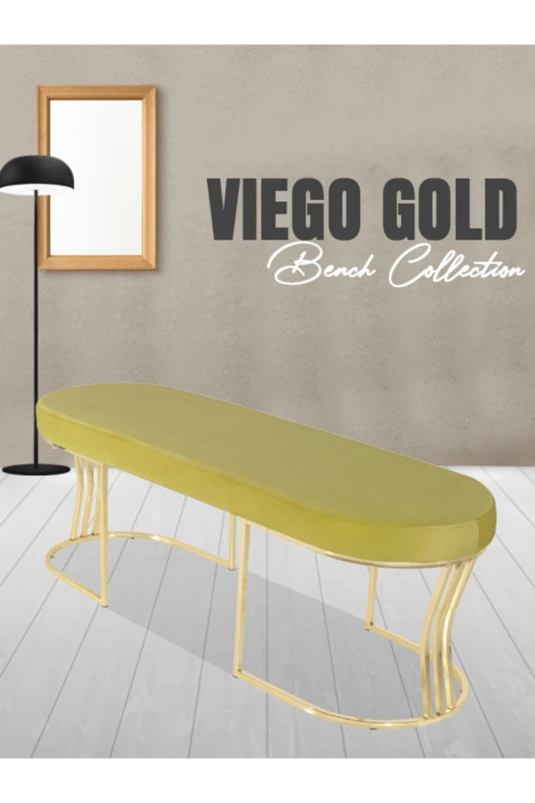 Viego Gold Smooth Puf - Lüks Metal Gold Ayak, Chester Model Yatak Ucu Bench Puf