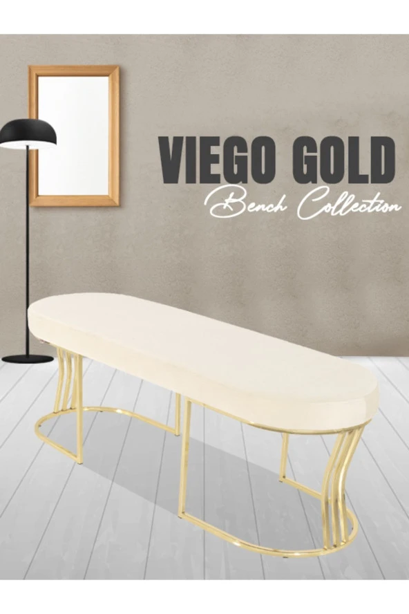 Viego Gold Smooth Puf - Lüks Metal Gold Ayak, Chester Model Yatak Ucu Bench Puf