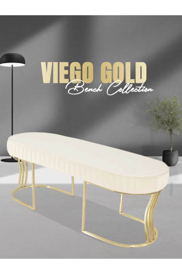 Viego Gold Striped Puf - Lüks Metal Gold Ayak, Chester Model Yatak Ucu Bench Puf