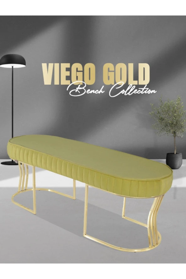 Viego Gold Striped Puf - Lüks Metal Gold Ayak, Chester Model Yatak Ucu Bench Puf