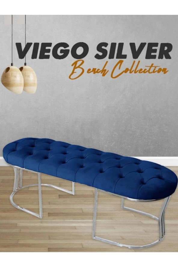 Viego Silver Puf - Lüks Metal Gümüş Ayak, Chester Model Yatak Ucu Bench Puf