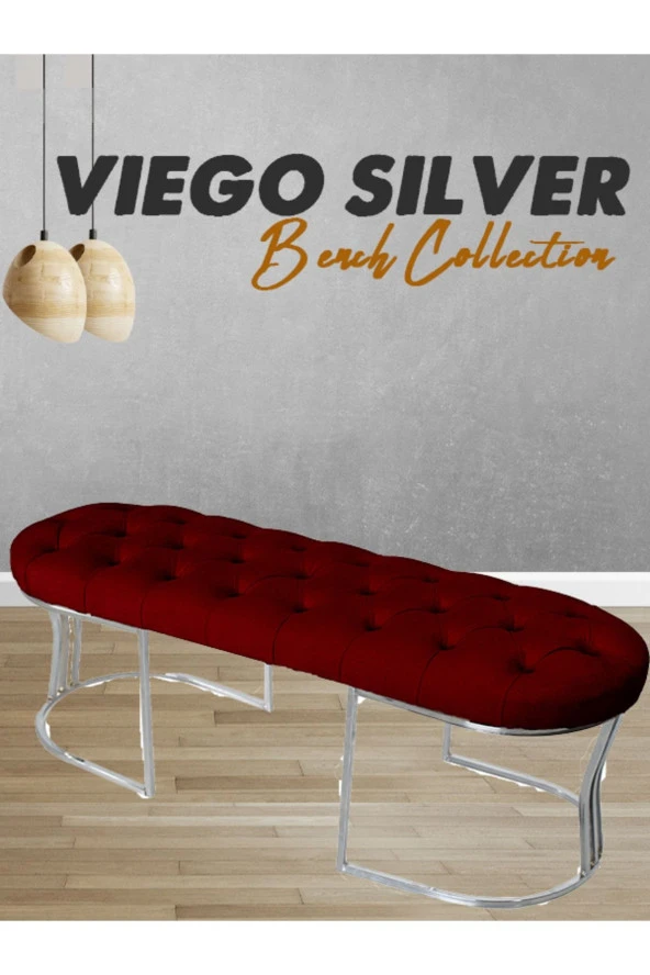 Viego Silver Pembe Puf - Lüks Metal Gümüş Ayak, Chester Model Yatak Ucu Bench Puf