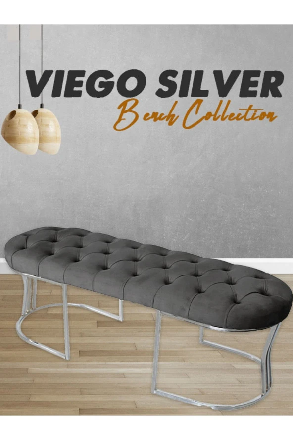 Viego Silver Gri Puf - Lüks Metal Gümüş Ayak, Chester Model Yatak Ucu Bench Puf