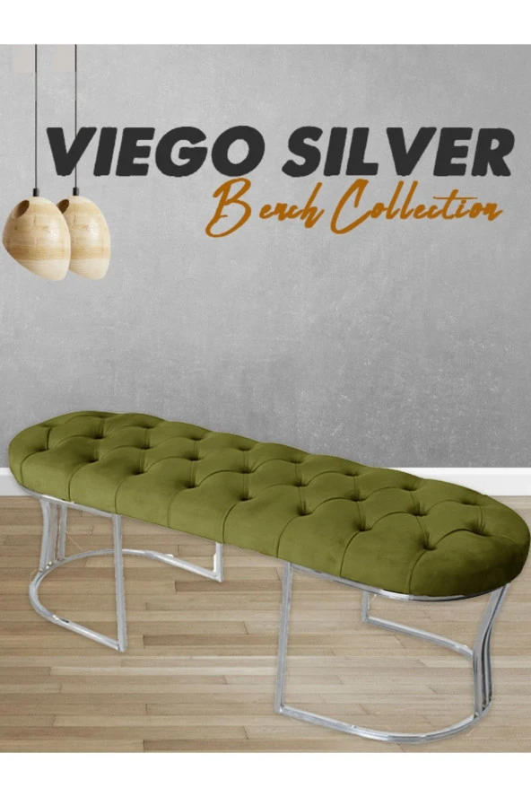 Viego Silver Puf - Lüks Metal Gümüş Ayak, Chester Model Yatak Ucu Bench Puf