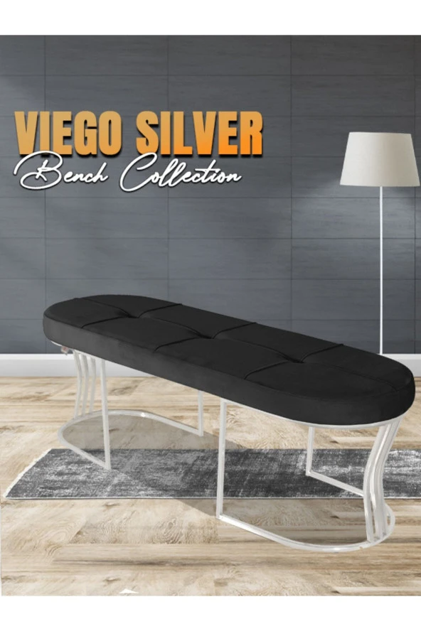 Viego Silver Exclusive Puf - Lüks Metal Gümüş Ayak, Chester Model Yatak Ucu Bench Puf