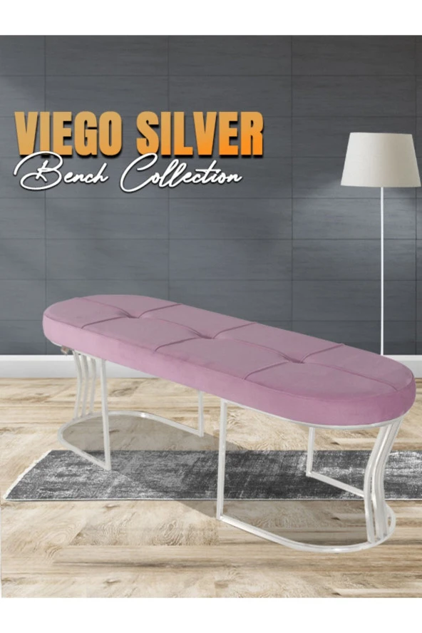 Viego Silver Exclusive Puf - Lüks Metal Gümüş Ayak, Chester Model Yatak Ucu Bench Puf